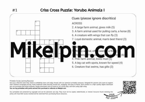 Criss Cross Puzzle: Yoruba Animals I