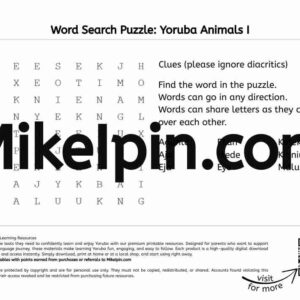 Word Search Puzzle: Yoruba Animals I