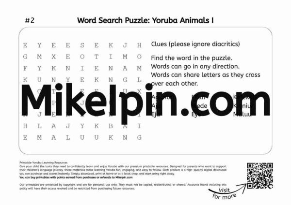 Word Search Puzzle: Yoruba Animals I